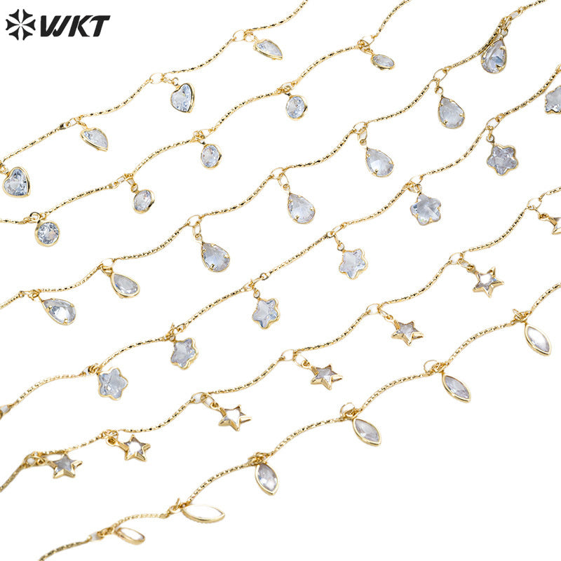 WT-RBC242 Beautiful Simple Elegant and Fresh Style New Design Heart and Star Shape Crystal Charms Brass Chain DIY for Necklace