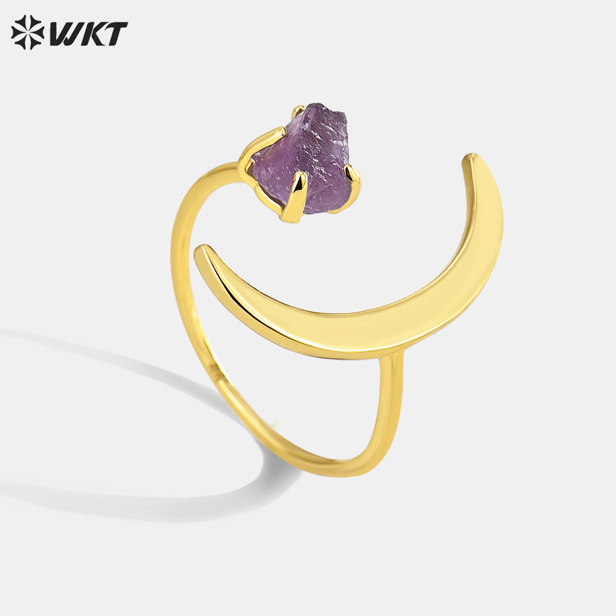 WT-R494 Women Fashion Unique 18K Real Gold Plated Crescent Horn Moon Raw Amethyst Stone Ring in Office Style