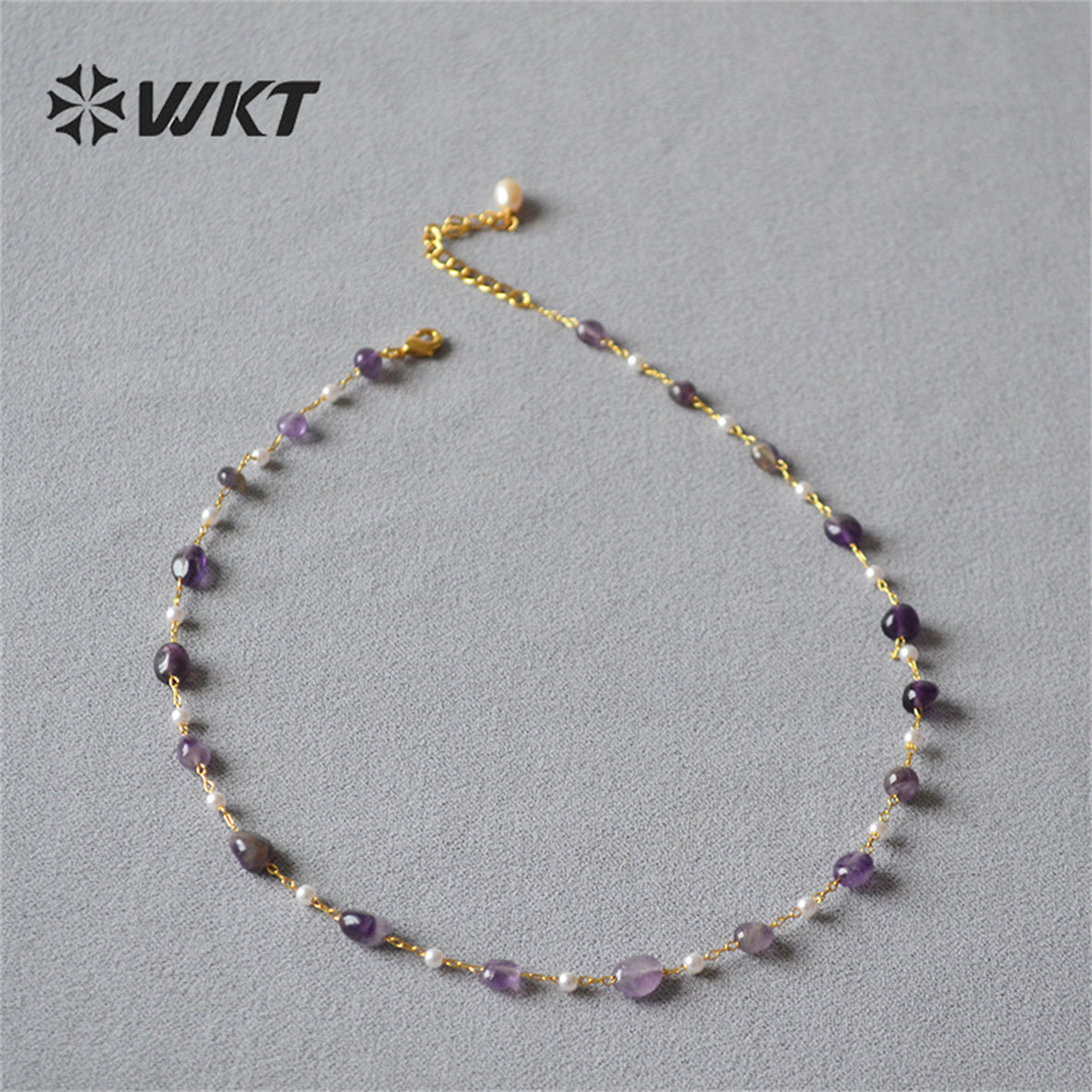 WT-N1419 Lucky Handmade 16inch Long Choker Necklace Natural Amethyst Stone Beads Rosary Chain Necklace INS Hot Necklace