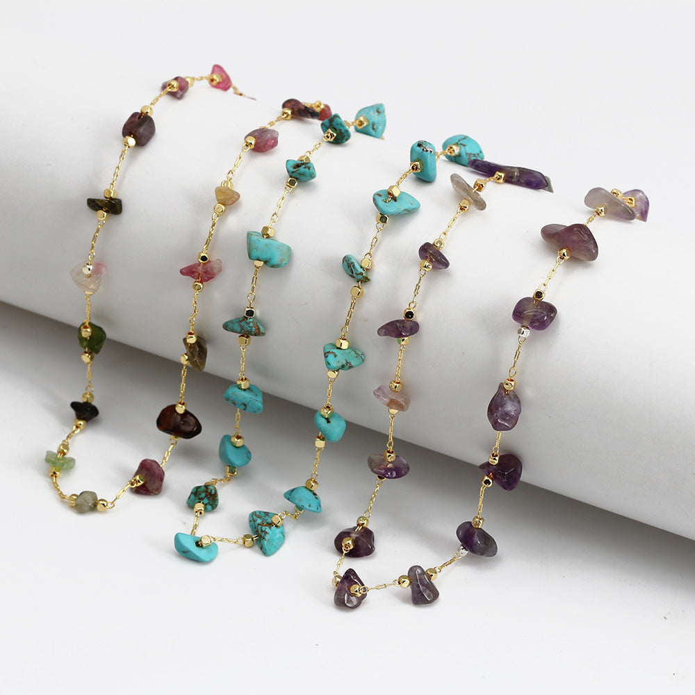 WT-BFN059 Newest Design Handmade Natural Nugget Amethyst Turquoise Stone Beads Rosary Chain Necklace Irregular Beads Necklace