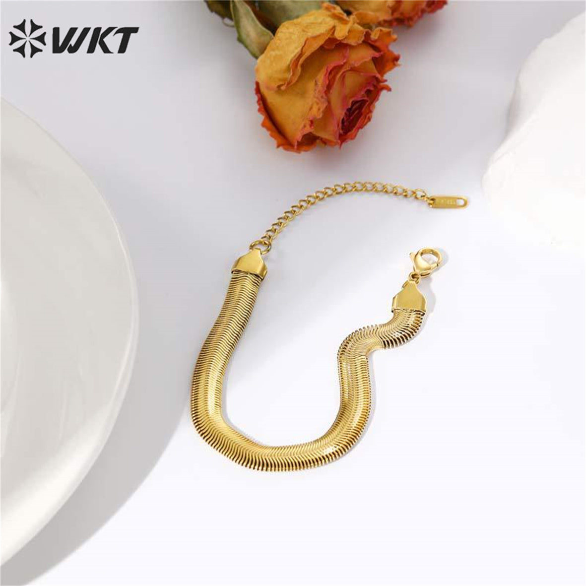 WT-REB023 Fashion Locomotive Style Stainless Steel Bracelet Big Metal Unique Cool Wide Flat Snake Chain Bracelets