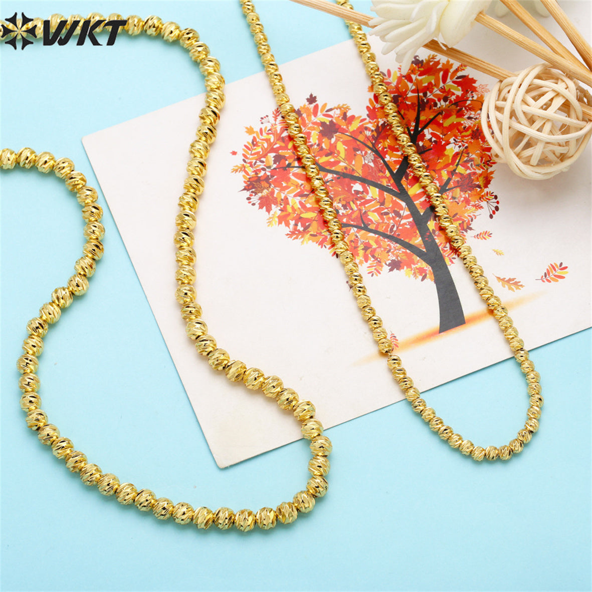 WT-BFN045 NEW Beads 18k Real Gold Plated Resist Tarnishable 3.5mm Brass Beads Chain Necklace Diamond Cut Beads Metal Necklace