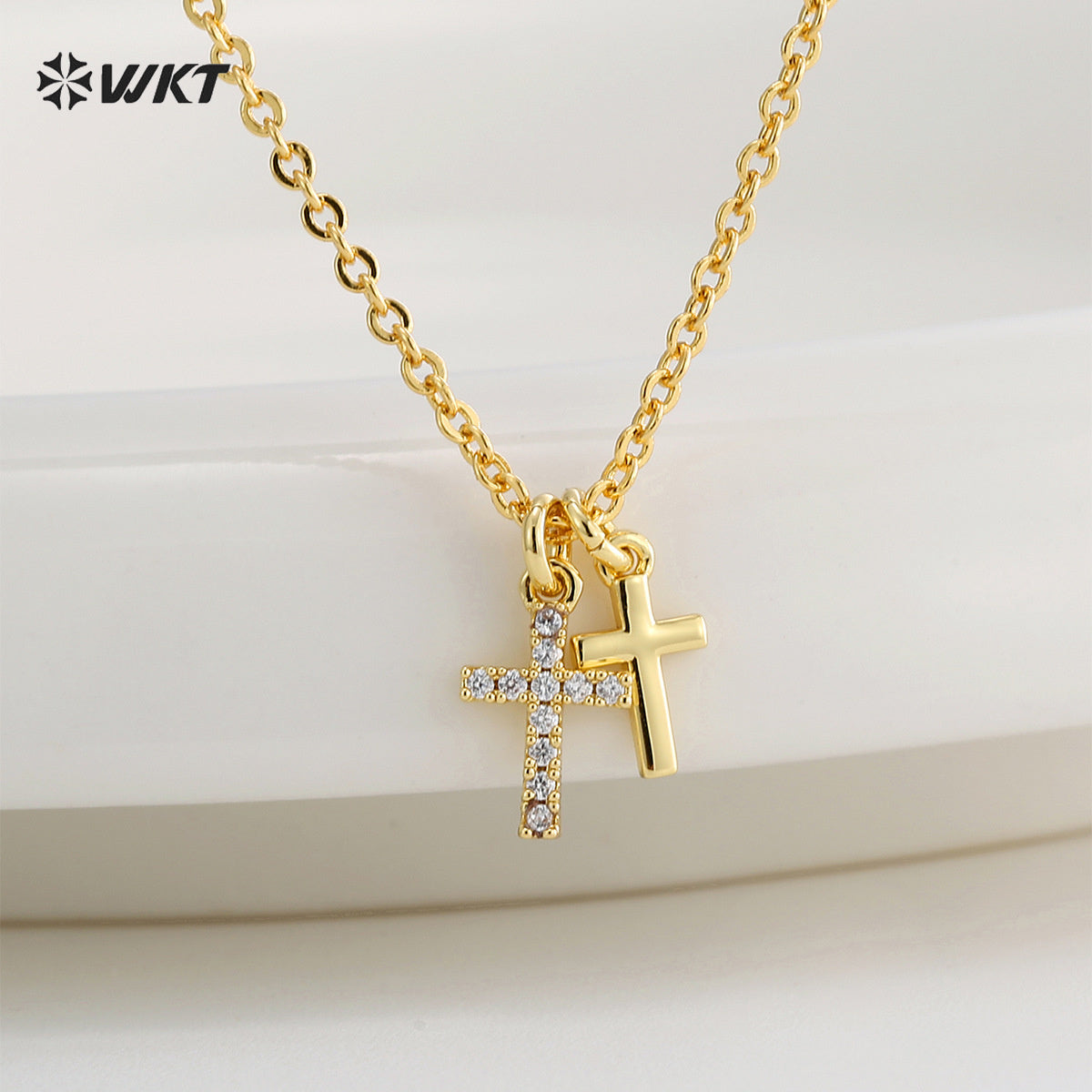 WT-MN998 Trendy Exquisite Double Cross Cubic Zircon Paved Pendant Collarbone Chain Necklace for Women Skirt Jewelry