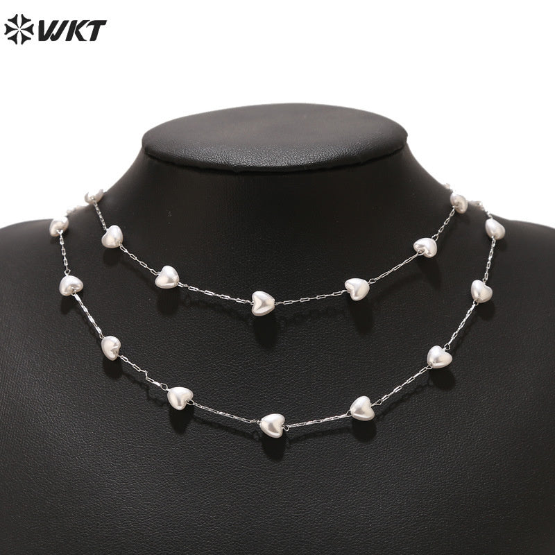 WT-STS018 New Design Stainless Steel Pearl Heart Gold and Silver Love Necklace Bracelet Ladies Clavicle Chain As Birthday Gift
