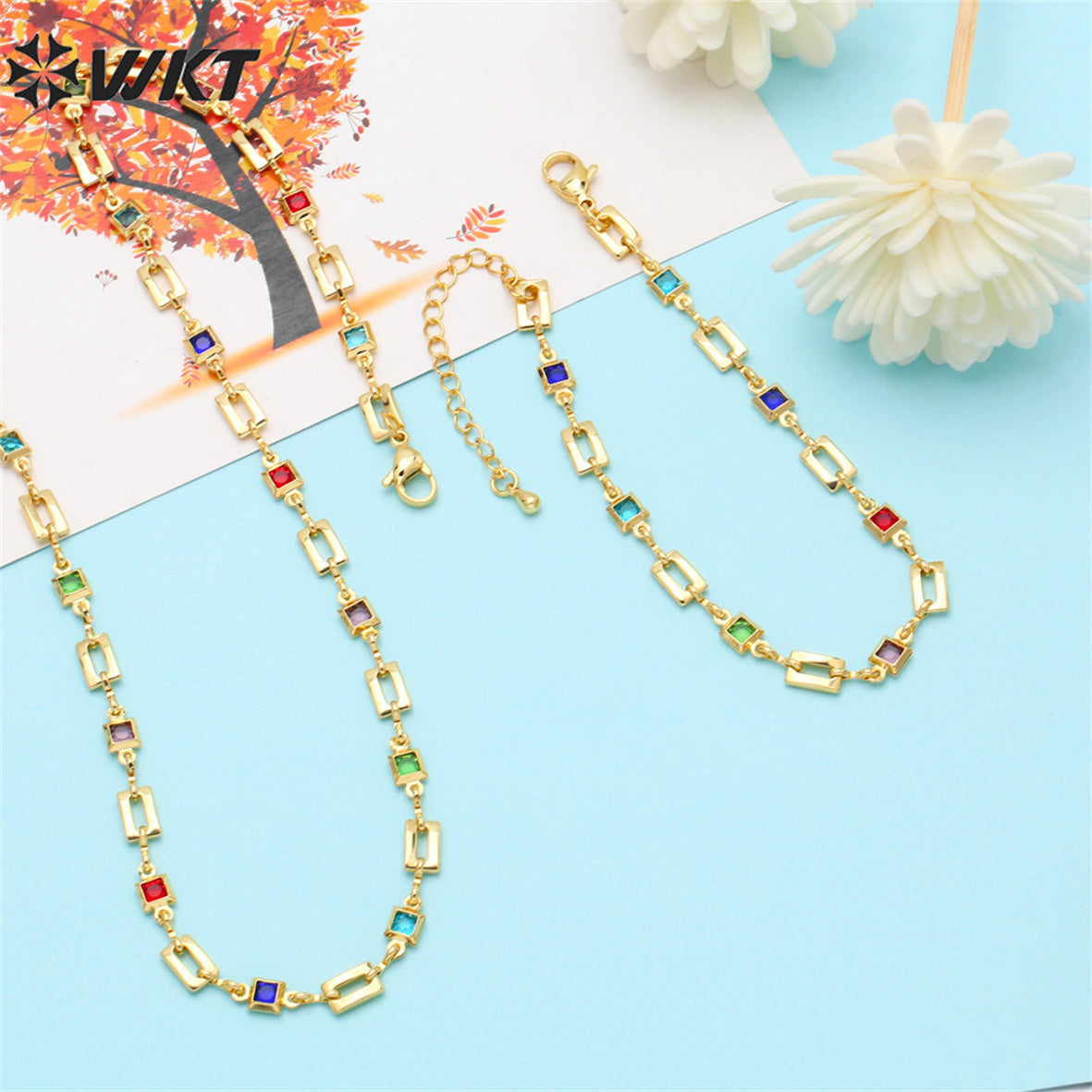 WT-BFN048 Hip-hop Trend Geometric Rectangular Stitching Necklace Bracelet Set Colored Zircon Necklace 18k Gold Metal Necklace