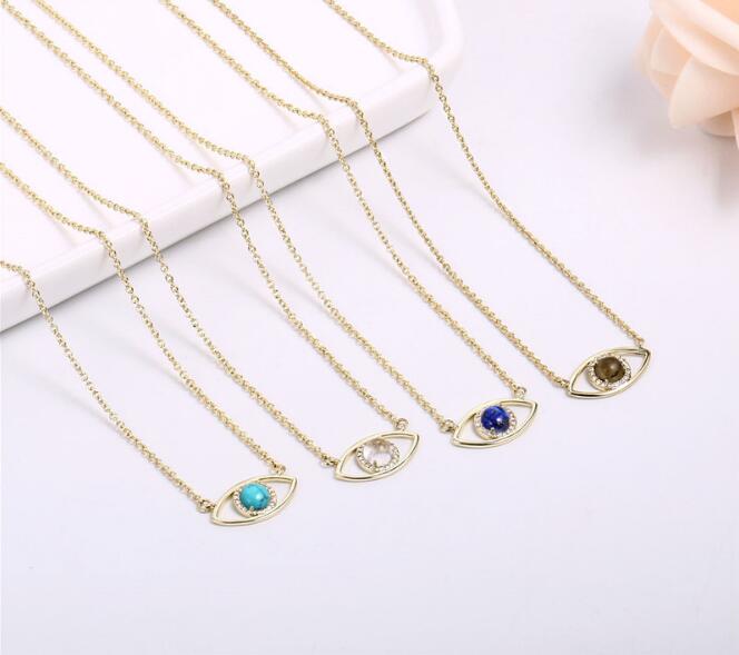 WT-N1226 Amazing Populared Gemstone Evil Eye Necklace 18k Thick Gold Plated High Polish Gold Evil Eye Necklace in 16 Inch Long