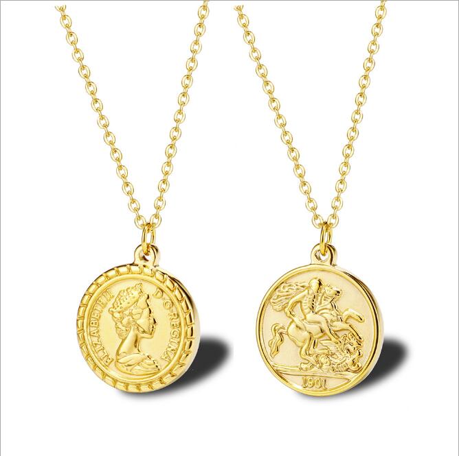 WT-REN014 Women Fashion Gold Plated Metal Round Coin Necklace Charming Elegant Full Gold Elizabeth Necklace