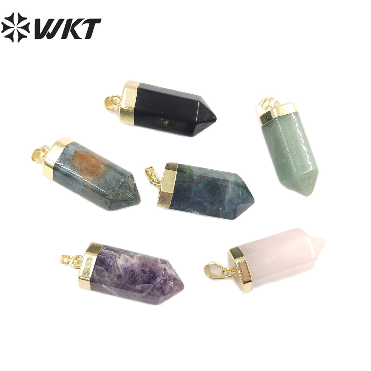 WT-P1880 WKT HOT Natural Stone Pendant 30mm Long Gold Top Black Obsidian Quartz Point Pendant for Necklace