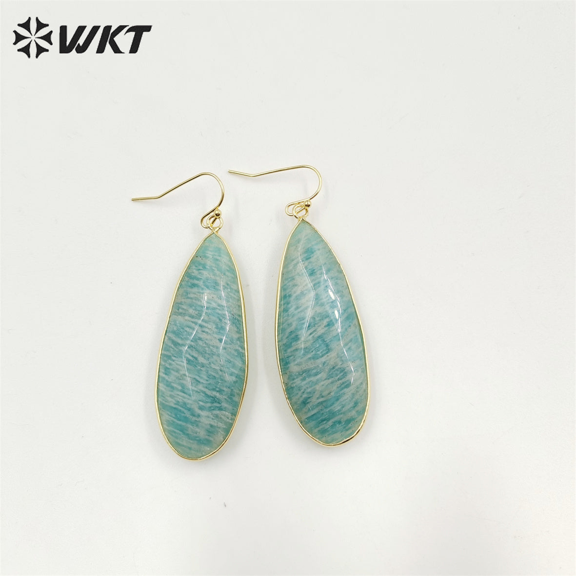 WT-E708 Women Gorgeous Double Faceted Cut Long Waterdrop Amazonite Earrings 18k Gold Bezel Dangle Earrings for Girls