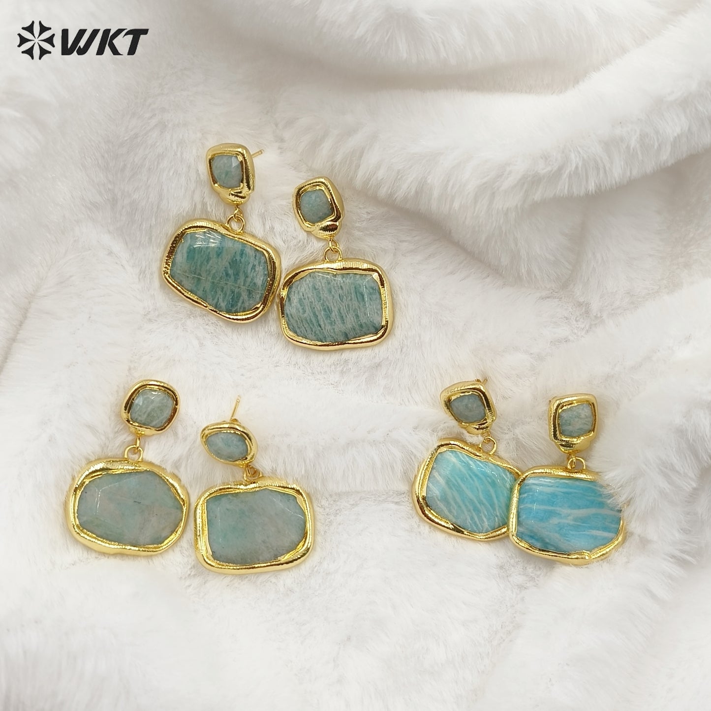 WT-E753 Amazing New Natural Square Fashion Handmade Gold Plated Amazonite Stone Earrings