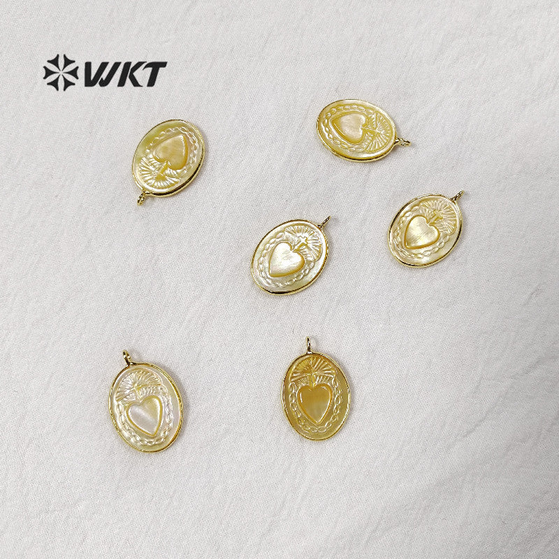 WT-JP055 Natural Shell With Mysterious Pattern Pendant for Women Necklace Making Oval Shape Gold Bezel Sea Shell Pendant