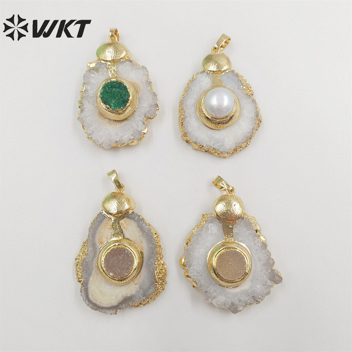 WT-P1852 Amazing Fashion Gold Trim Stalactite Stone Pendant with Druzy Quartz and Pearl Natural Stone Cut Flower Pendants