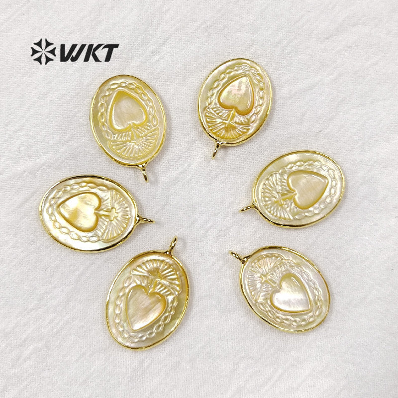 WT-JP055 Natural Shell With Mysterious Pattern Pendant for Women Necklace Making Oval Shape Gold Bezel Sea Shell Pendant