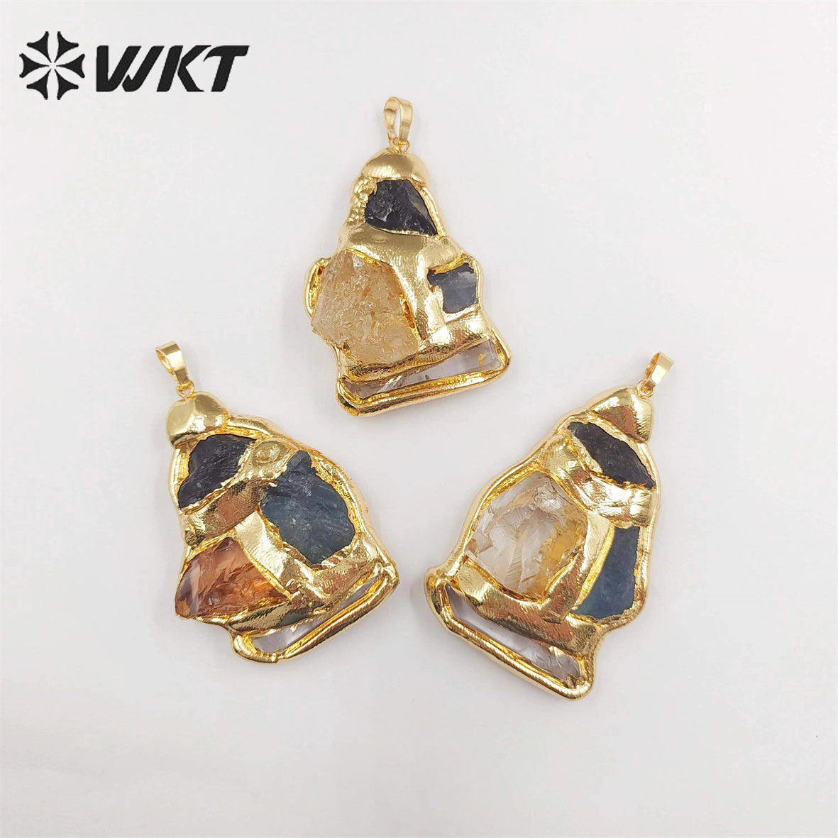 WT-P1906 WKT Exclusive Vintage Style Big Gemstone Pendants Handmade Gold Plated Yellow Citrine Stone Jewelry Pendants