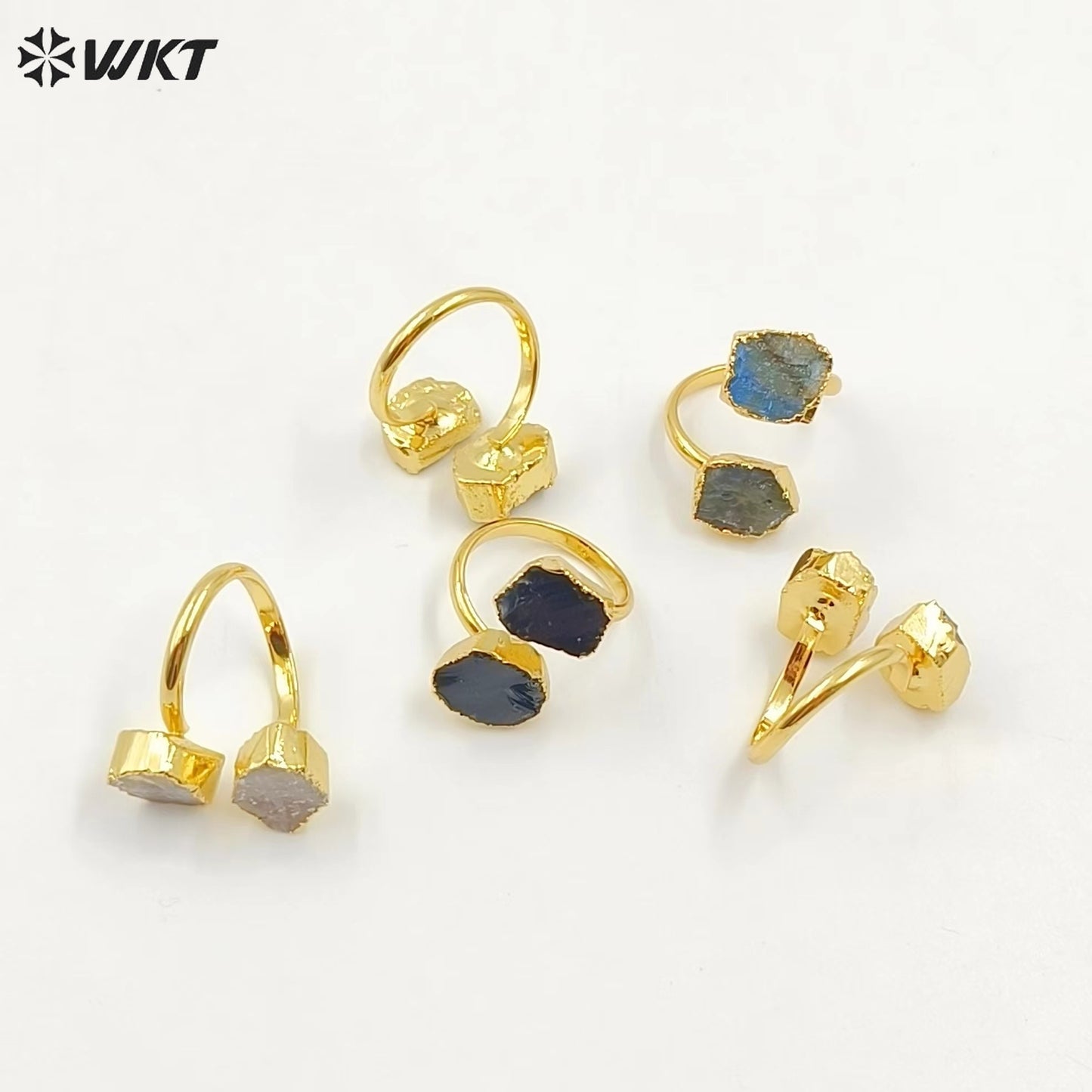WT-R506 WKT Exclusive Design Double Natural Raw Gemstone Ring Women 18k Gold Plated Quartz Stone Birthday Gift