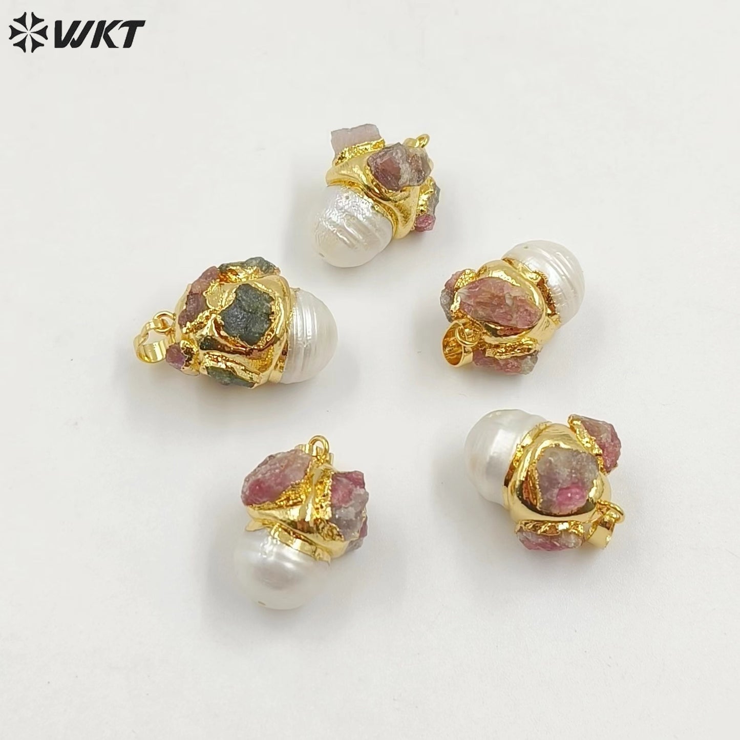 WT-JP377 Newest Fashion 18K Real Gold Plated Natural Baroque Pearl Pendants With Tourmaline Charms on Cap