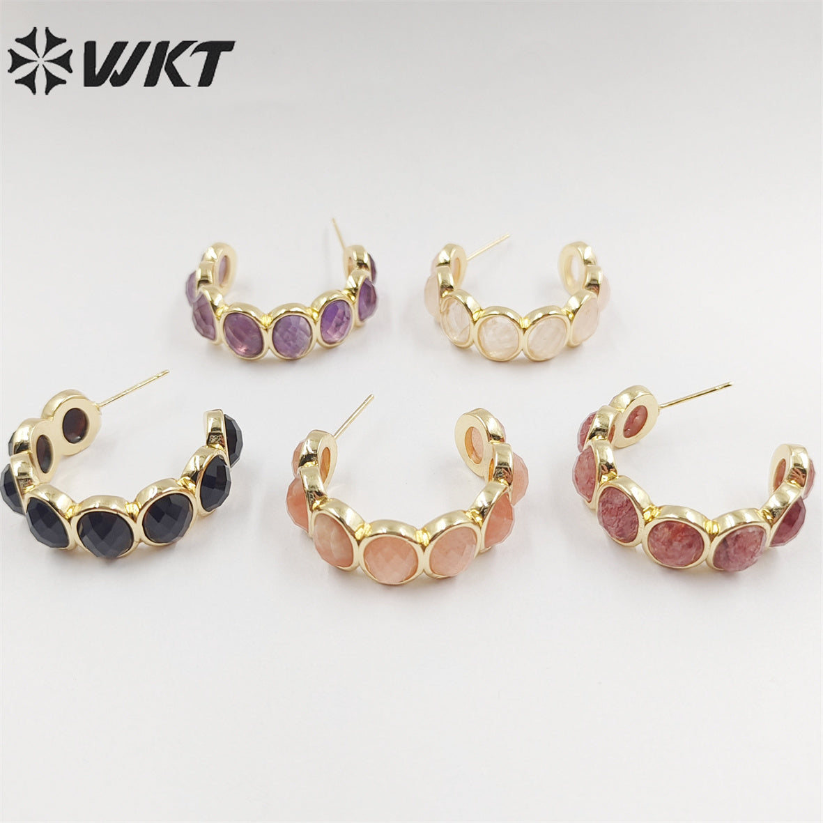 WT-E707 Amazing Fashion Women Natural Gemstone Setting Letter C Crescent Horn Earrings Lady Anniversary Earrings