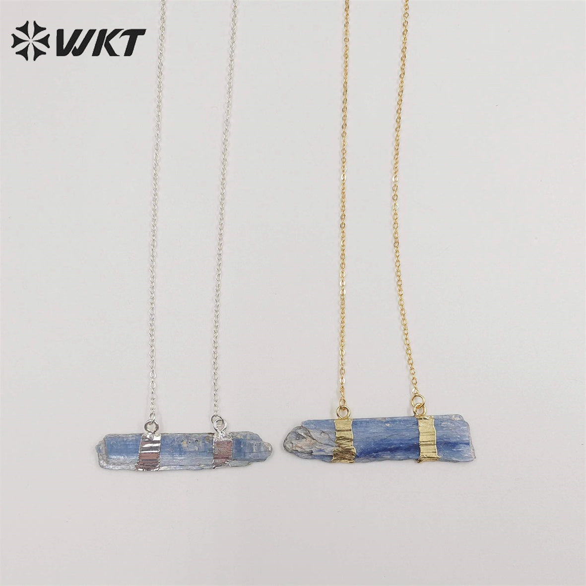 WT-N482 Wholesale Raw Blue Kyanite Double Loops Necklace With 18" Long Chain Natural Raw Blue Stone Kyanite Necklace