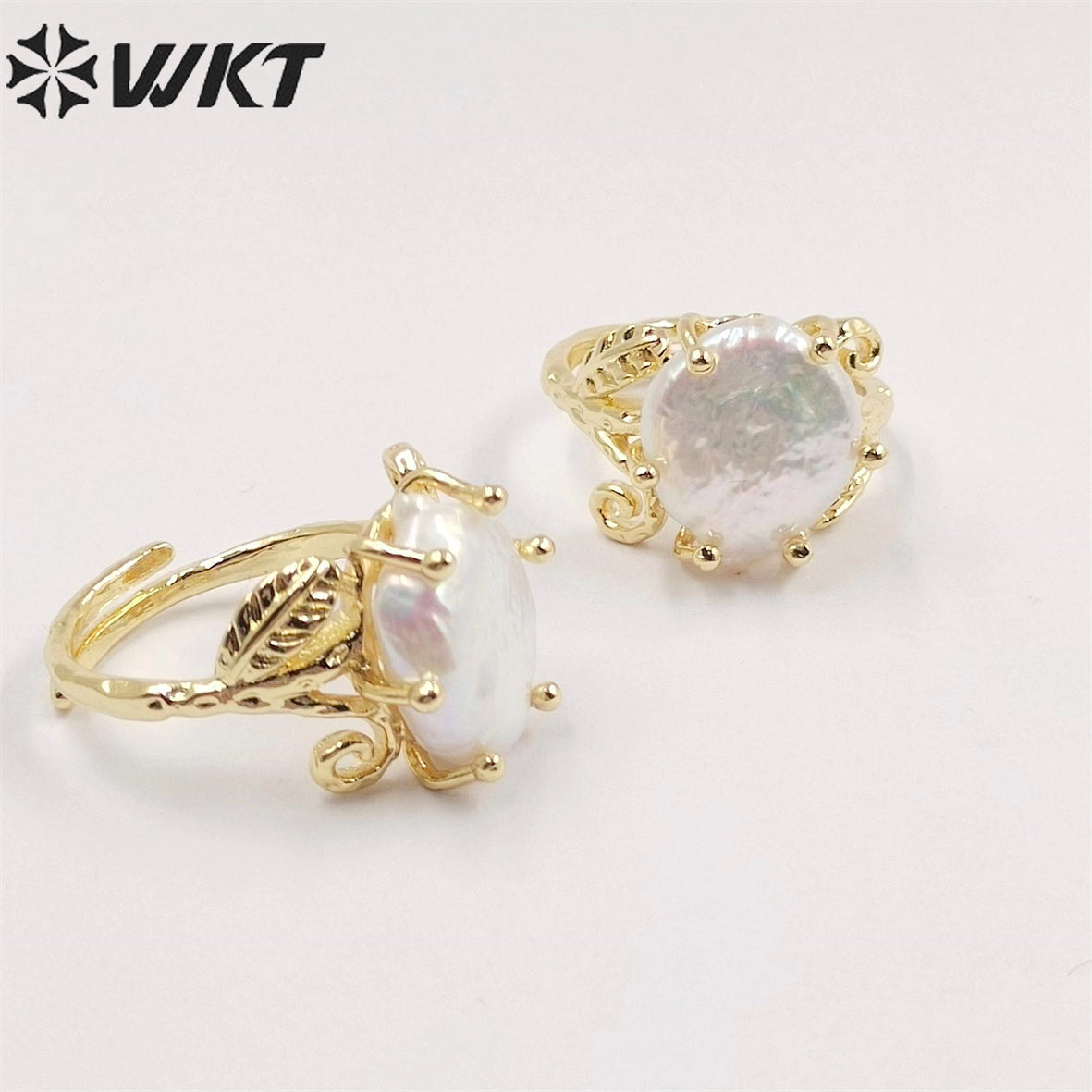 WT-MPR049 Unique Fashion Gold Plated Prong Setting Women Pearl Ring Delicate Round Coin Pearl Anneversary Gift Ring for Wife