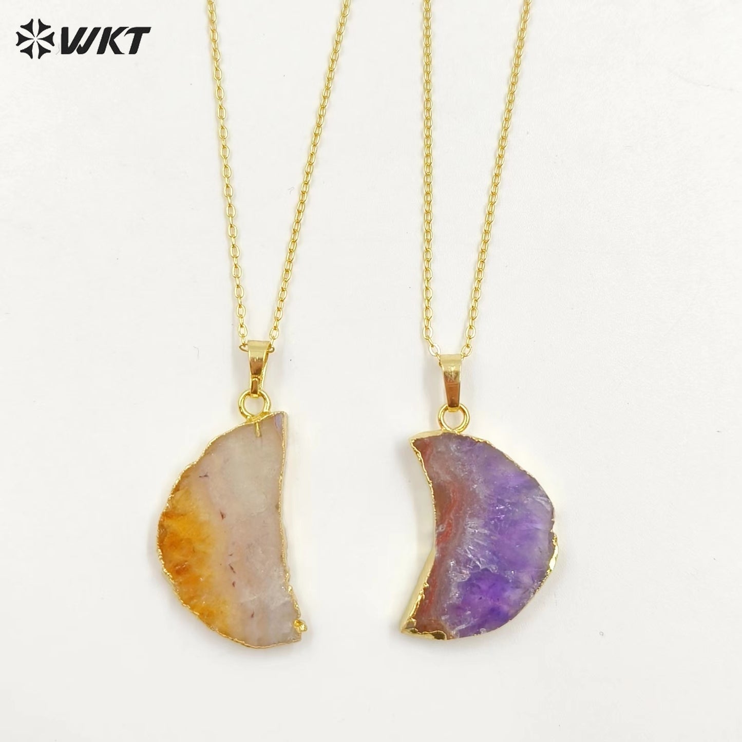 WT-N1300 Amazing Celestial Natural Slice Amethyst Moon Necklace Lady Gold Trim Half Moon Druzy Crescent Amethyst Necklace