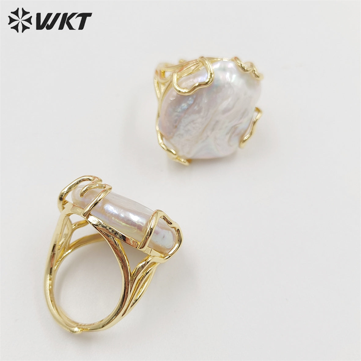 WT-MPR044 WKT Exclusive Gorgeous Handmade Claw Setting Natural Freshwater Pearl Ring Open Size Round Coin Pearl Ring