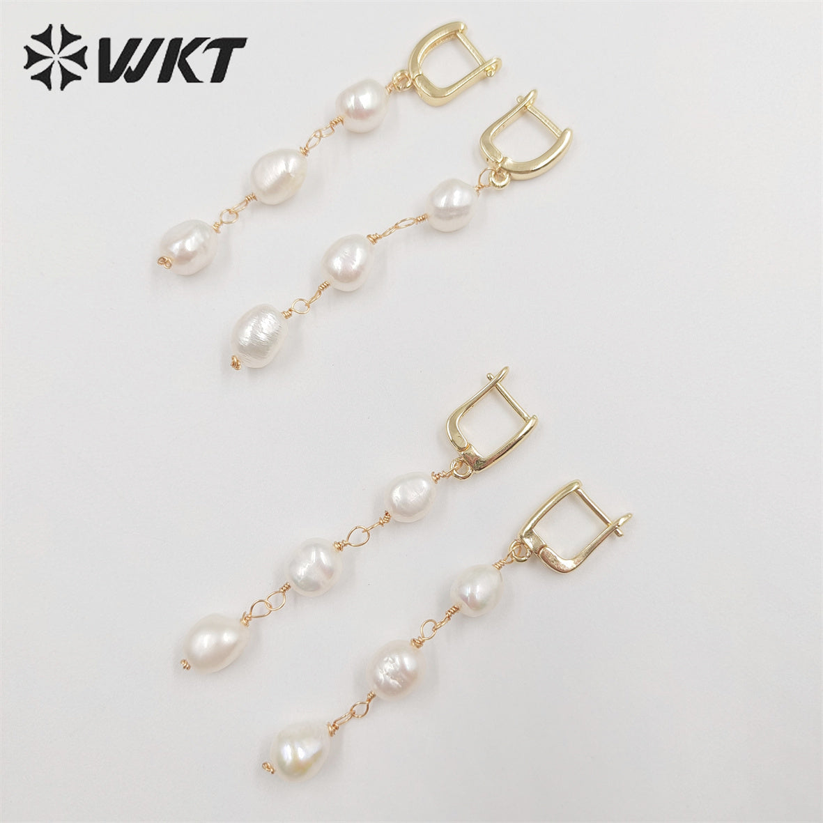 WT-MPE078 New Elegant Triple Freshwater Pearl Beads Make Clasp Earrings Fashion Gold Dangling Wire Wrapped Real Pearl Earrings