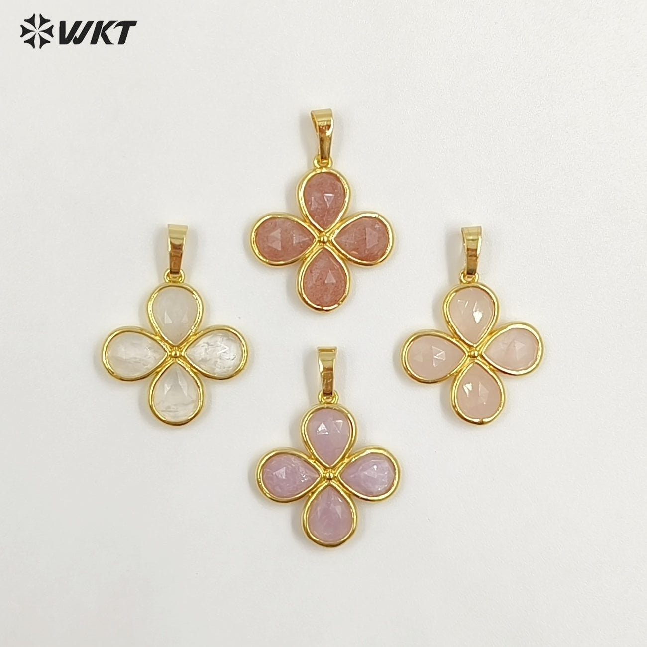 WT-P2031 Romantic Lovely Gold Plated Lucky Four Leaves Clover Flowers Shape Natural Gemstone Pendants For Ladies Necklace DIY