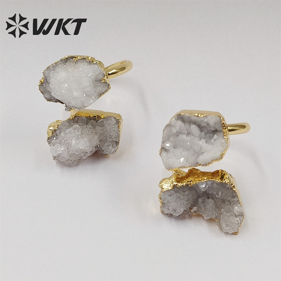 WT-R461 WKT New Material 18k Real Gold Plated Natural White Druzy Quartz Ring Women Fashion Trendy Energy Geode Agate Stone Ring