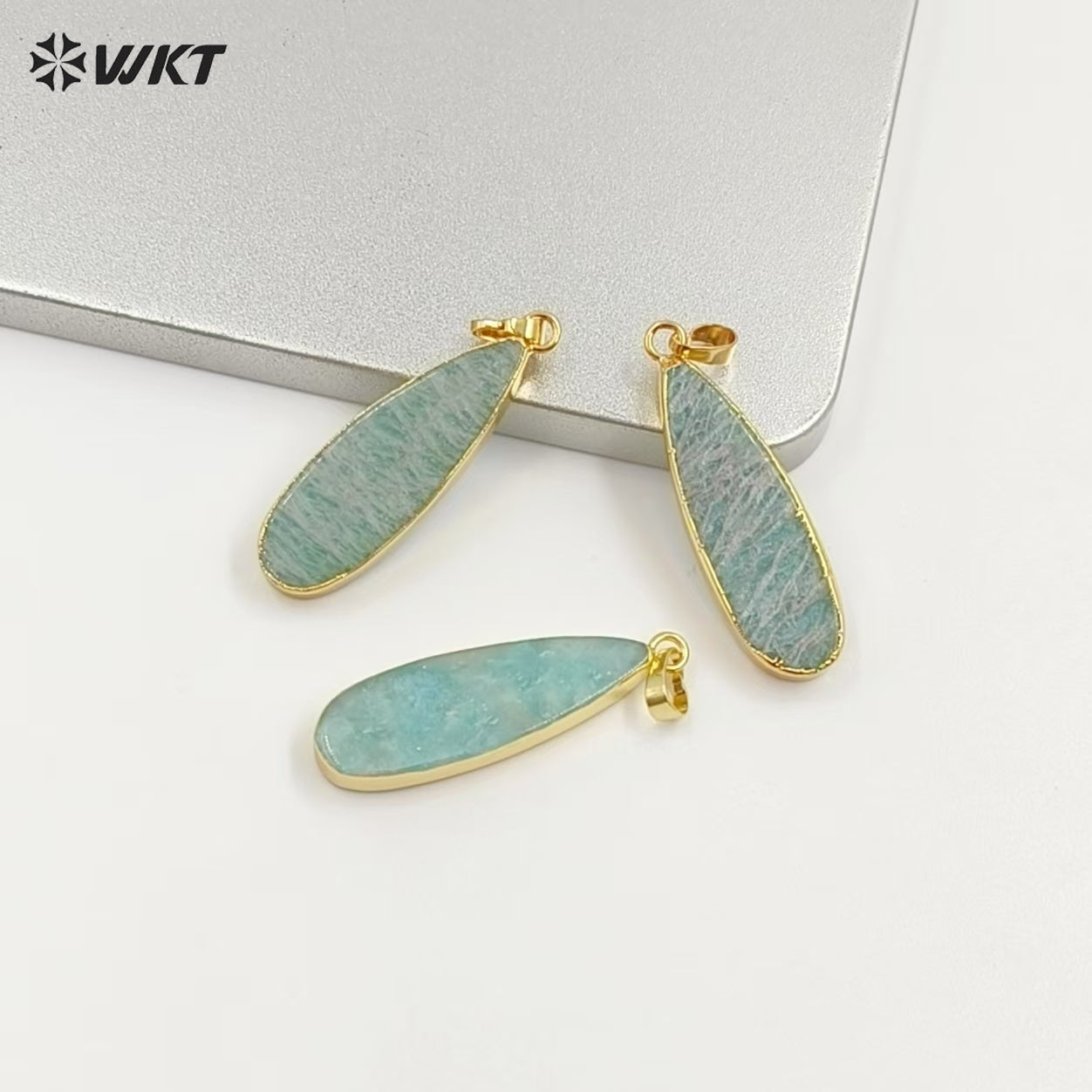 WT-P1889 Wholesale Fashion 18k Real Gold Plated Double Flat Natural Amazonite Pendant Fashion Long Waterdrop Stone Pendants