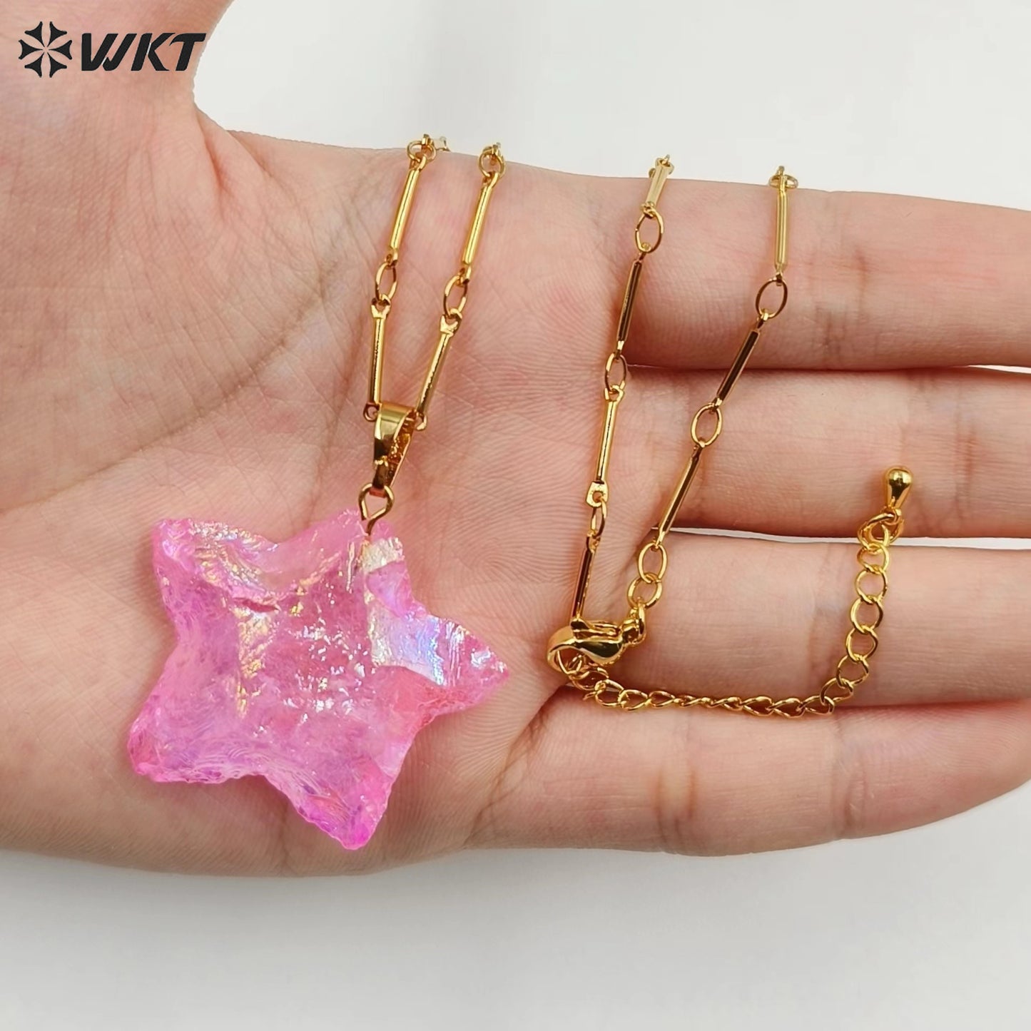 WT-N1346 WKT Best 2023 Newest Natural Pink Opal Necklace Star Shape Pendant Necklace Women Simple Hoop Aura Star Necklace