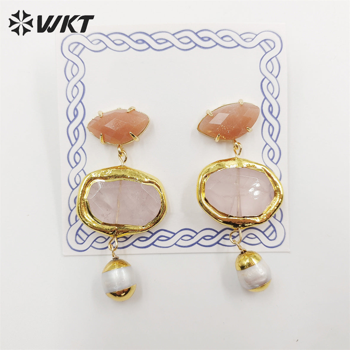 WT-E710 Wholesale Newest Fashion Gold Triple Stone Combined Earrings Women Wire Wrapped Handmade Gemstone Quartz Earrings