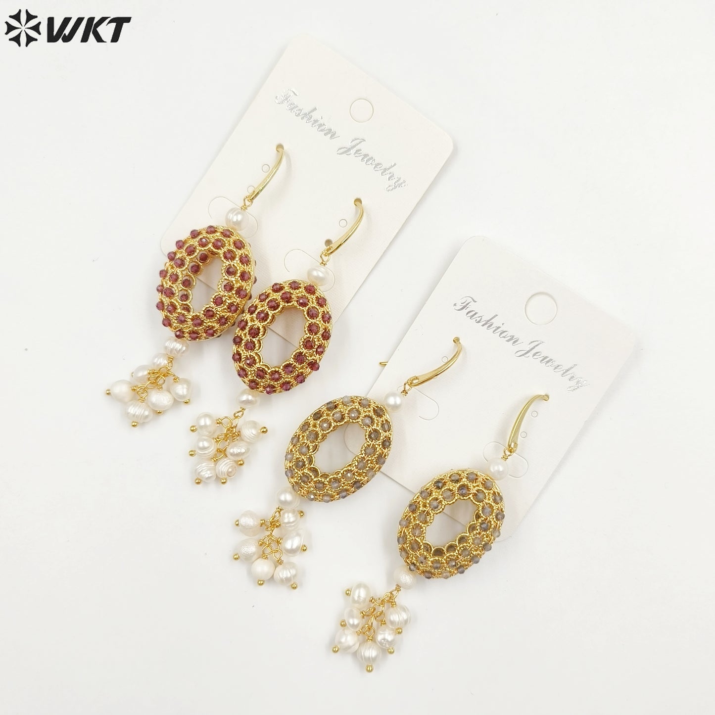 WT-MPE108 Latest Style Regular Natural Pearl and Stone 18k Gold Plated Oval Shaped 81*20mm Romantic Pendant Earrings