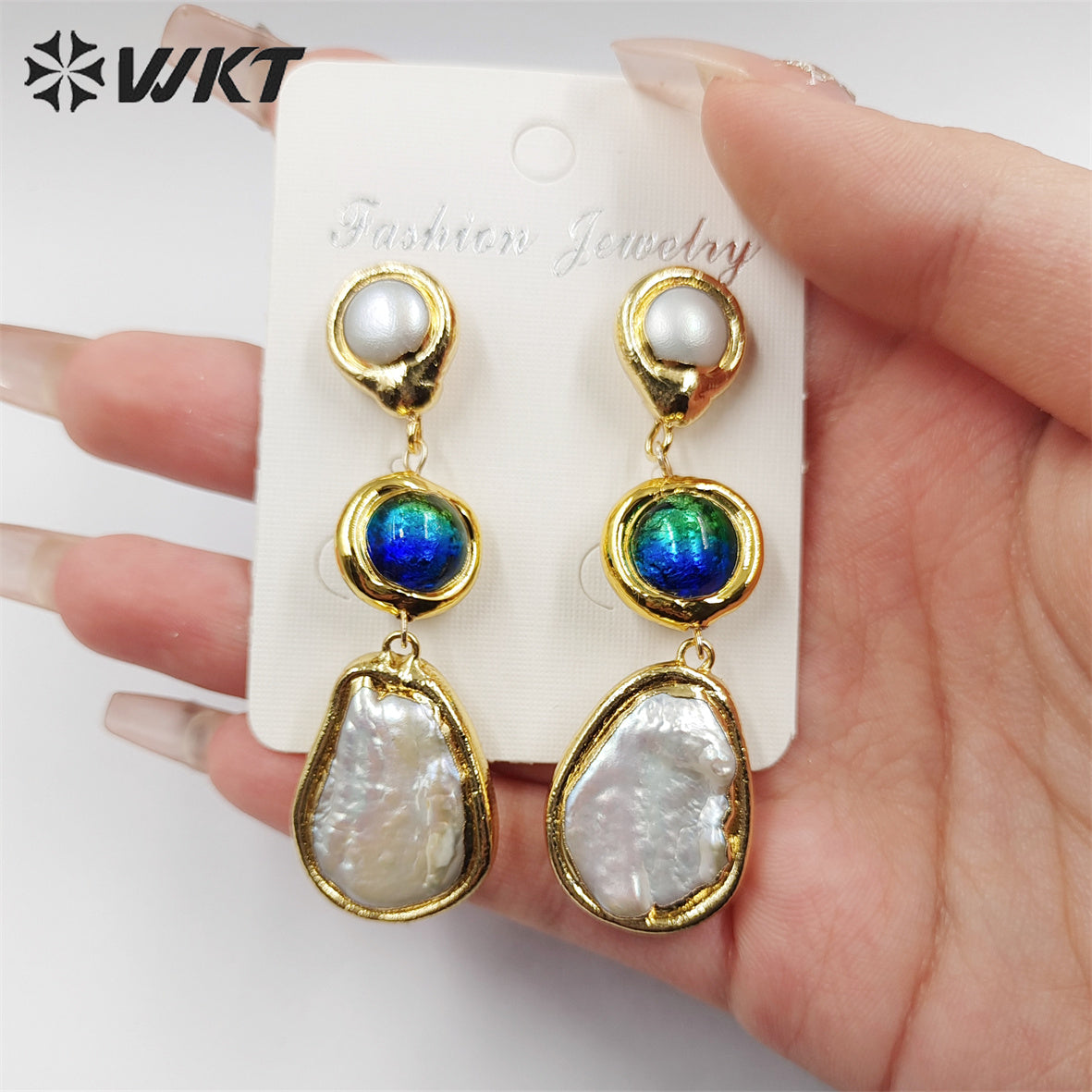 WT-MPE089 Gorgeous Fashion 18K Real Gold Plated Long Drop Freshwater Pearl Women Teardrop Earrings Handmade Dangle Earrings