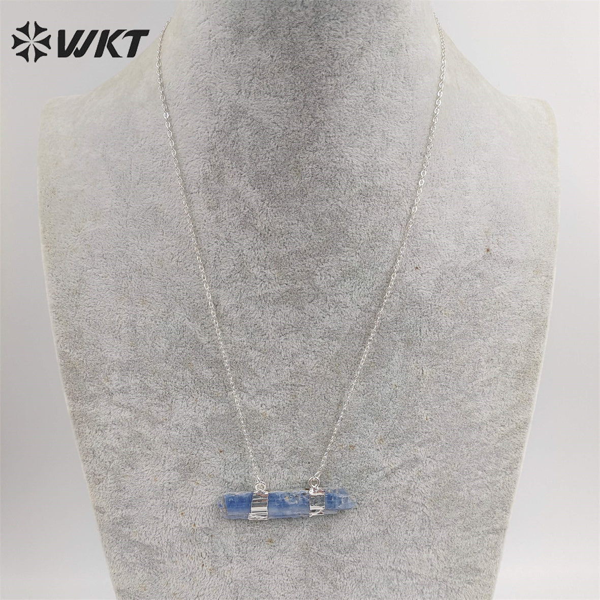 WT-N482 Wholesale Raw Blue Kyanite Double Loops Necklace With 18" Long Chain Natural Raw Blue Stone Kyanite Necklace