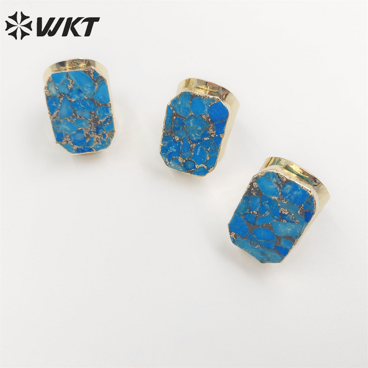 WT-R421 Wholesale Fashion Gold Long square Copper Turquoise Ring with Big Band Gorgeous Cocktail Party Ring for Women Stone Ring
