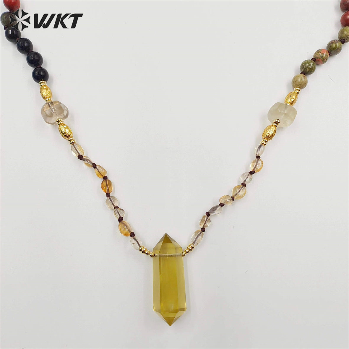 WT-N1414 WKT Lucky Handmade Energy Yellow Citrine Necklace 8mm Natural Stone Beads Necklace in 30 Inch Long Healing Necklace
