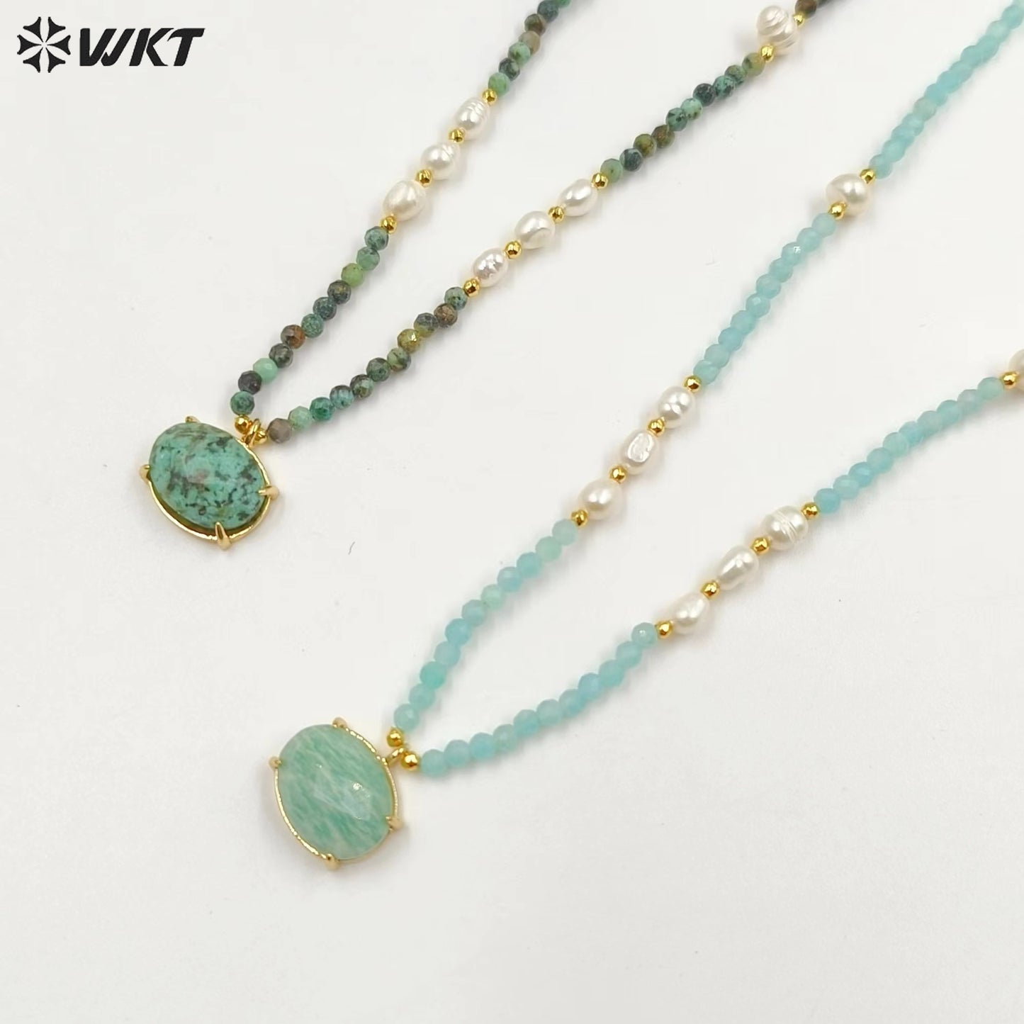 WT-N1445 WKT Best 2023 Newest Natural Gemstone and Pearl Women Simple Hoop Aura 16+2inch Stone Beads Necklace