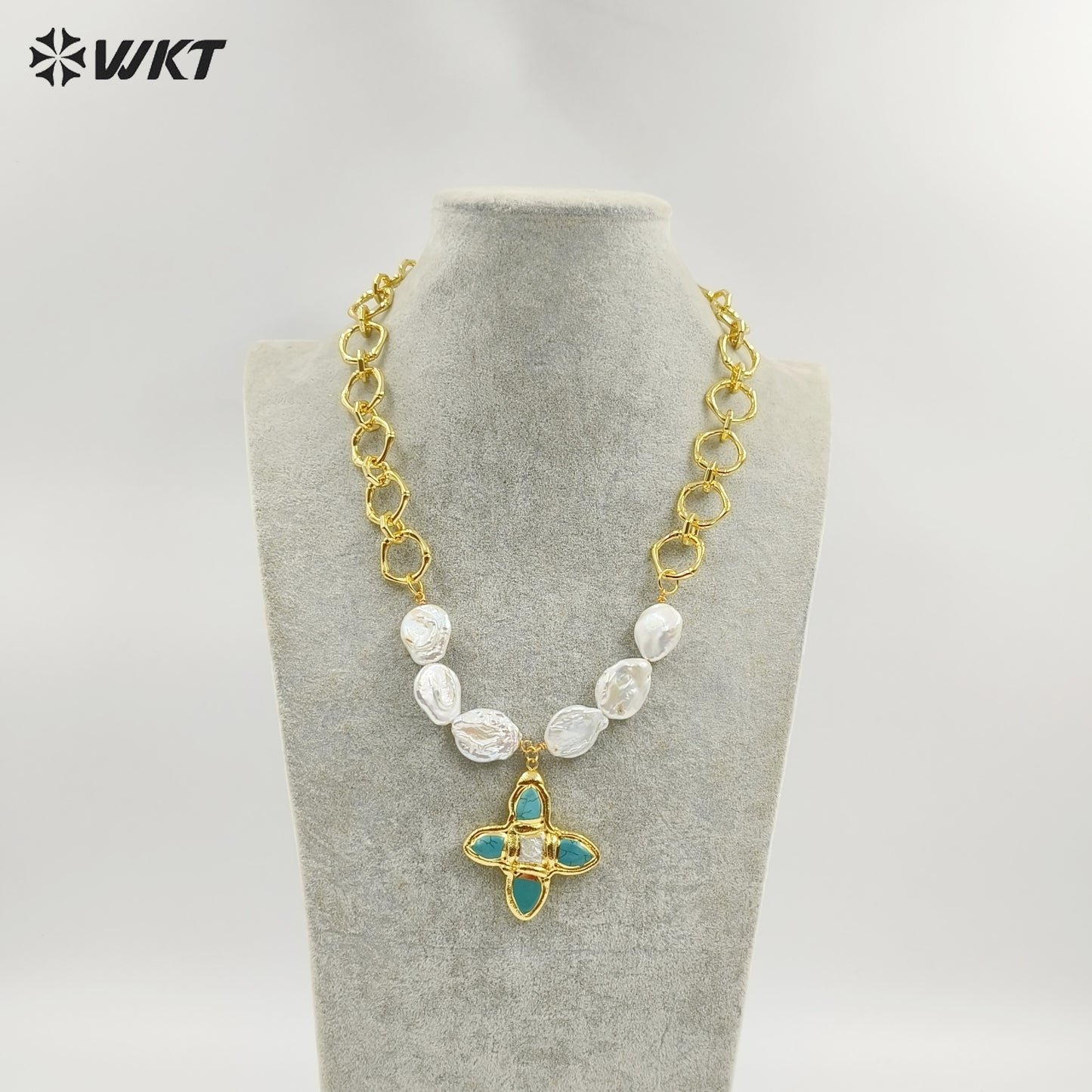 WT-JN324 Amazing Popular Christian High Precious Freshwater Pearl and Cross Turquoise Pendant Necklace with Chunky Chain