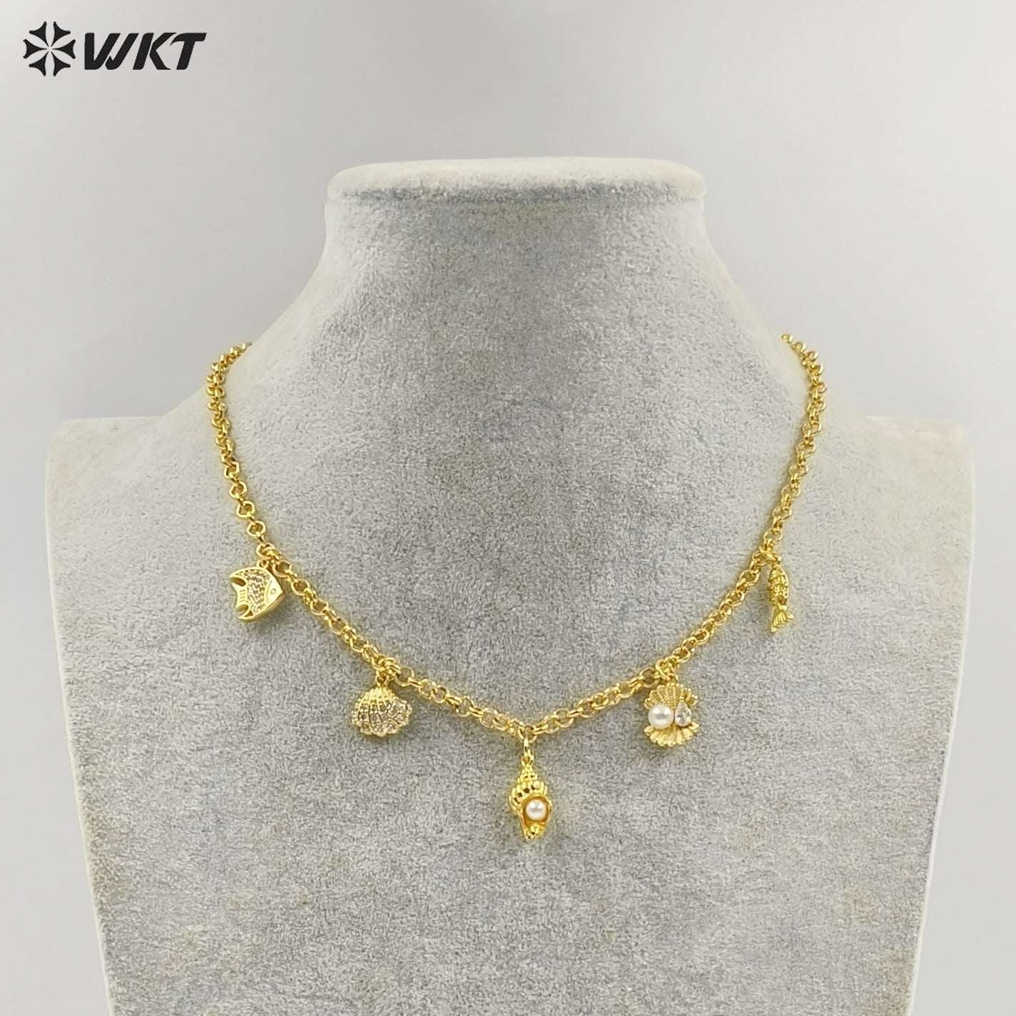 WT-JFN47 Newest Yellow Brass Fine Chain With Gold Plated Small Lovely Shell Charms Necklace For Elegant Ladies Jewelry Matching