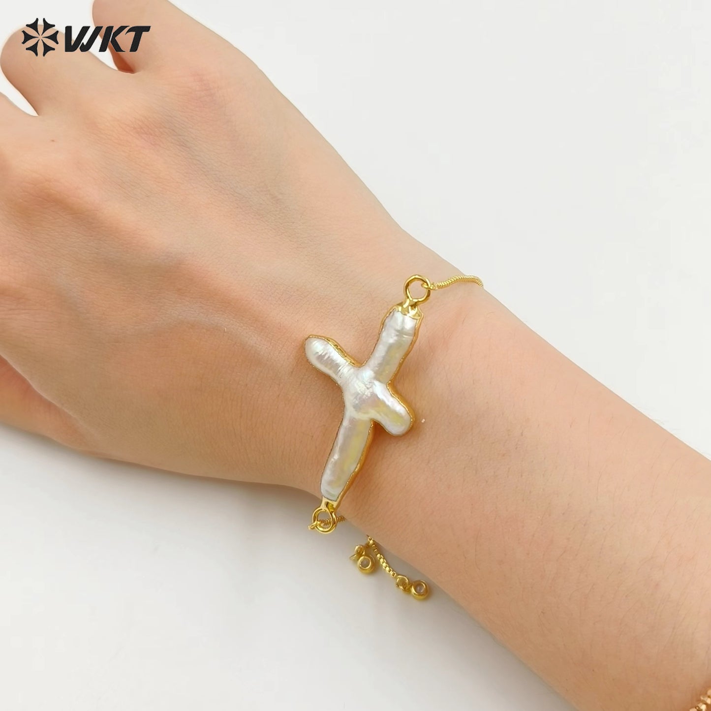 WT-B341 Gorgeous Natural Cross Pearl Chain Bracelet , 24K Genuine Gold Plated Handmade Pearl Chain Bracelet for Women