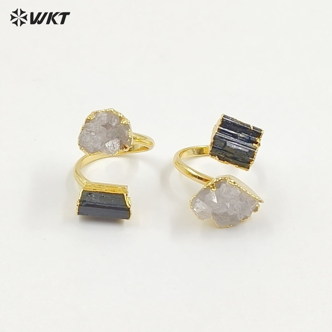 WT-R495 Amazing WKT New Design Natural Double Stone Druzy Crystal Quart and Black Tourmaline Stone Ring in Adjustable Size