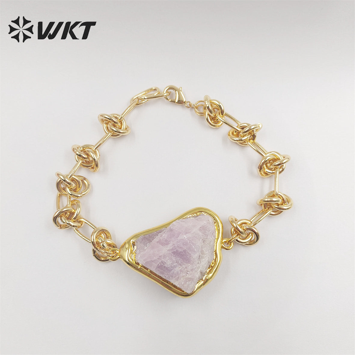 WT-B614 WKT Handmade New Knotted Shape Metal Chain Bracelets 18k Real Gold Plated Resist Tarnishable Natural Raw Stone Bracelets