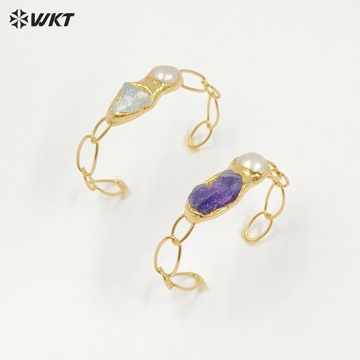 WT-B699 Wonderful Natural Gemstones Amethyst And Pearl Gold Plated Adjustable Size Bangles For Women Birthday Gift Free Shipping