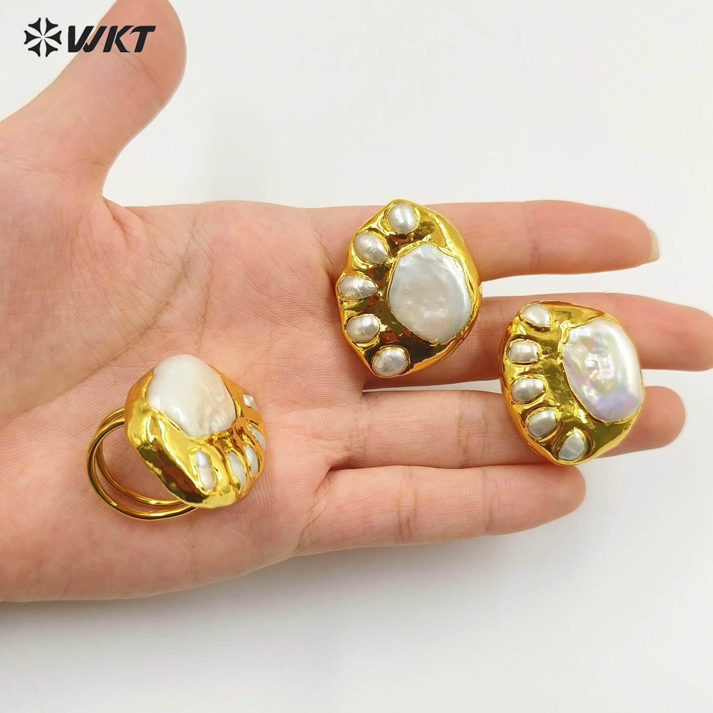 WT-MPR072 Unique Energy Gorgeous Freshwater Pearl Fan Shape Eye Lucky Women 18K Real Gold Plated Anneversary Ring
