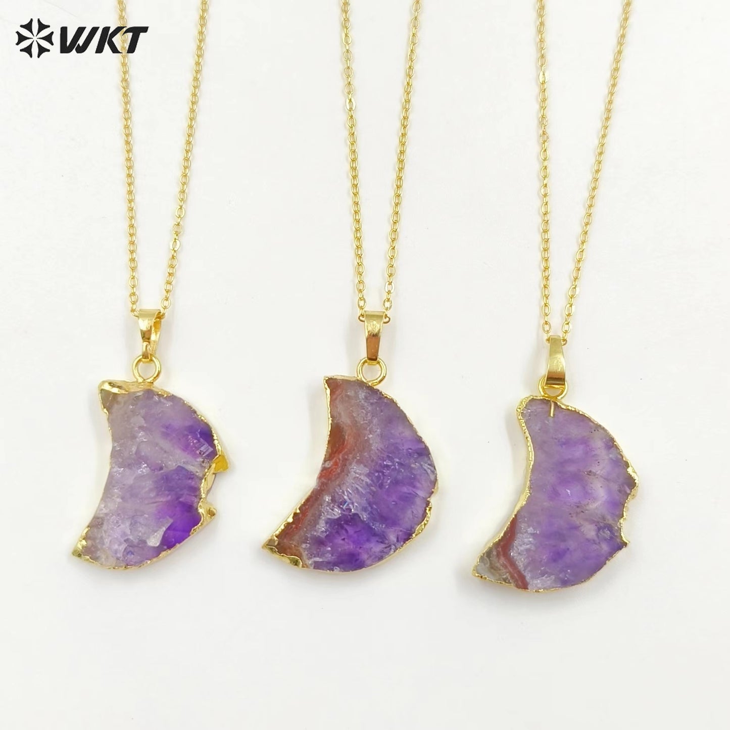 WT-N1300 Amazing Celestial Natural Slice Amethyst Moon Necklace Lady Gold Trim Half Moon Druzy Crescent Amethyst Necklace