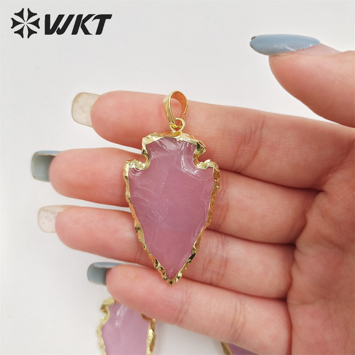 WT-P1878 New Material Fashion Gold Trim Natural Pink Opal Arrowhead in 1.5 Inch Pendant Natural Stone Hand Carved Opal Pendant