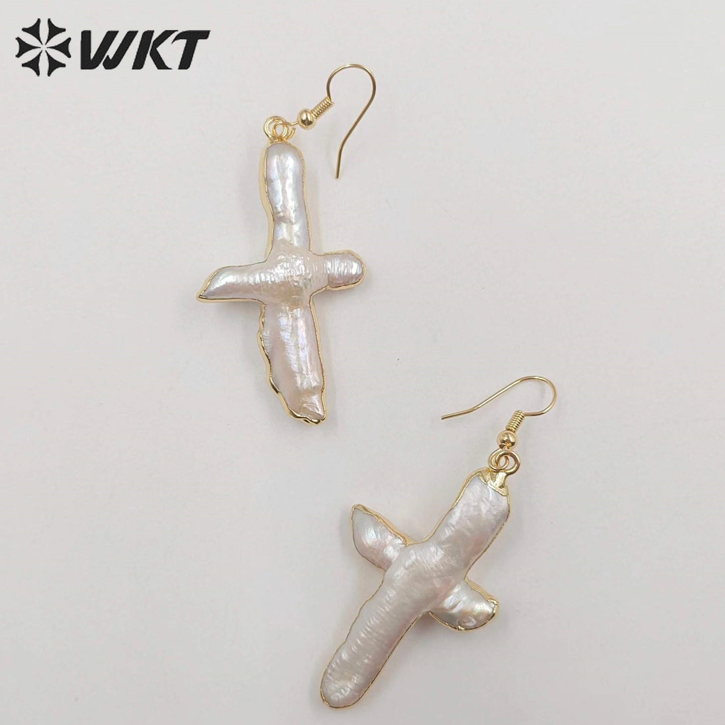 WT-E071 Super Hot Christian Religious Cross Earrings 18k Real Gold Plated Dangle Natural Freshwater Pearl Earrings for Wedding