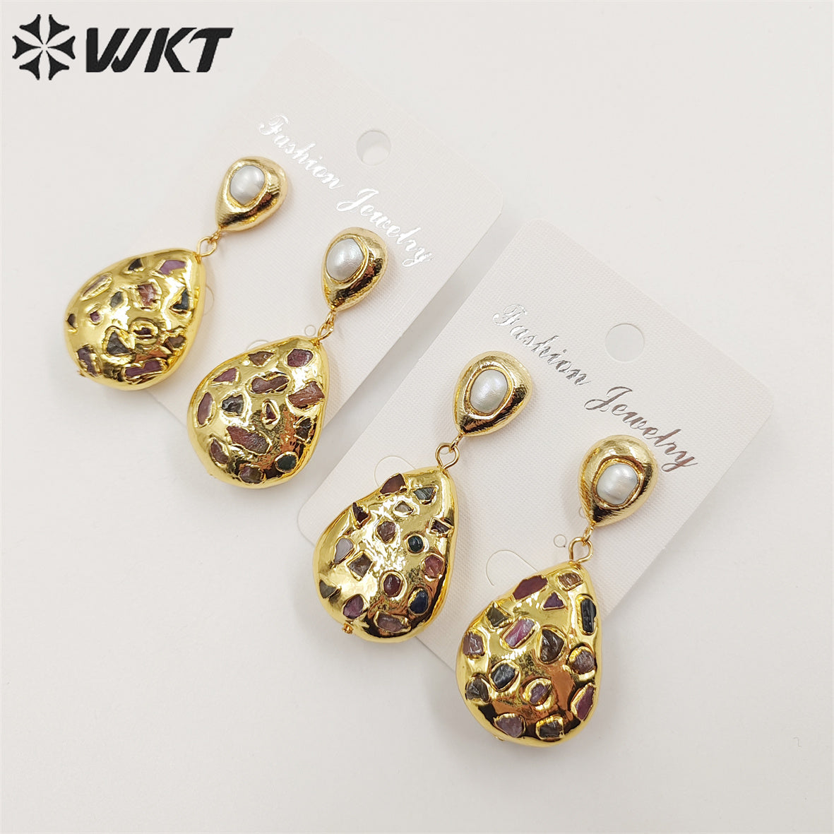 WT-MPE088 WKT NEW Design 18k Real Gold Plated Teardrop rubble Tourmaline Made Pearl Studs Earrings Gorgeous Charming Drop Studs