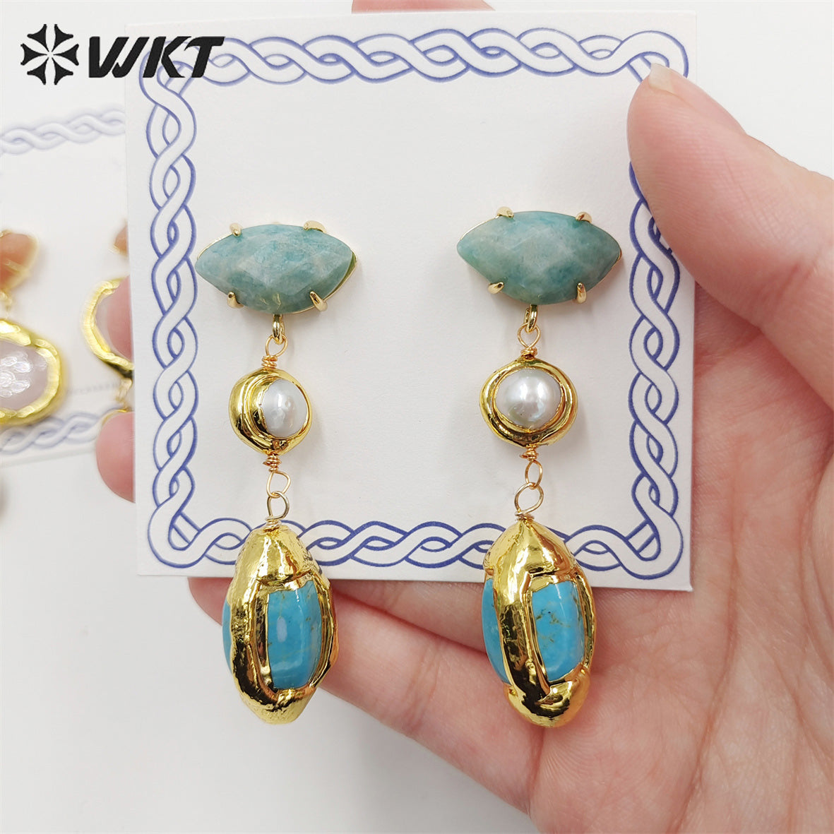 WT-E710 Wholesale Newest Fashion Gold Triple Stone Combined Earrings Women Wire Wrapped Handmade Gemstone Quartz Earrings