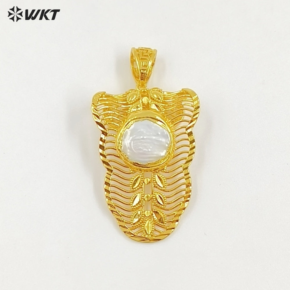 WT-JP419 High Quality Gold Electroplated Round Natural Freshwater Pearl Leaves Shape Charm Pendant For Jewelry Handmade